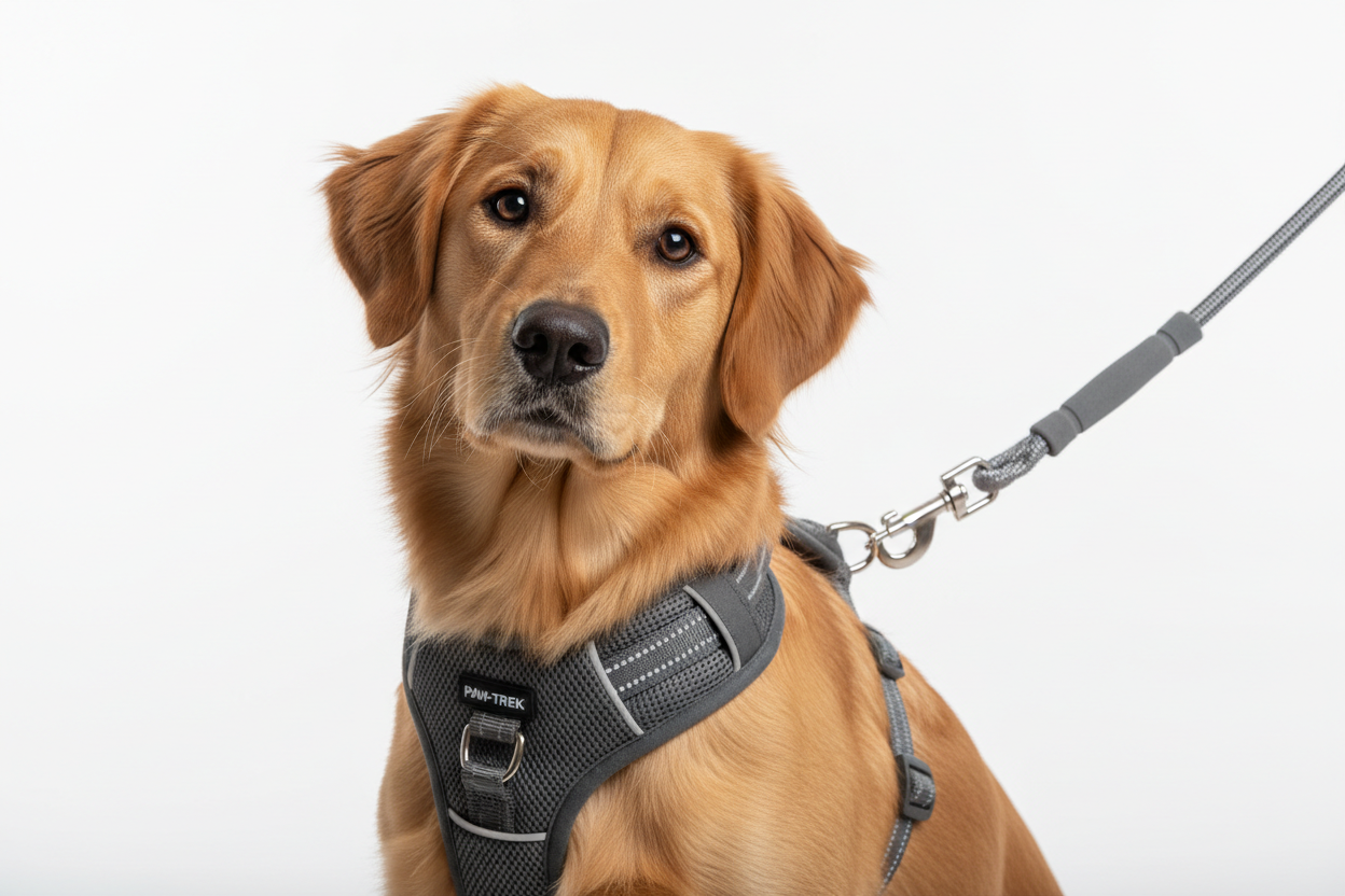 Cão com arnês e trela