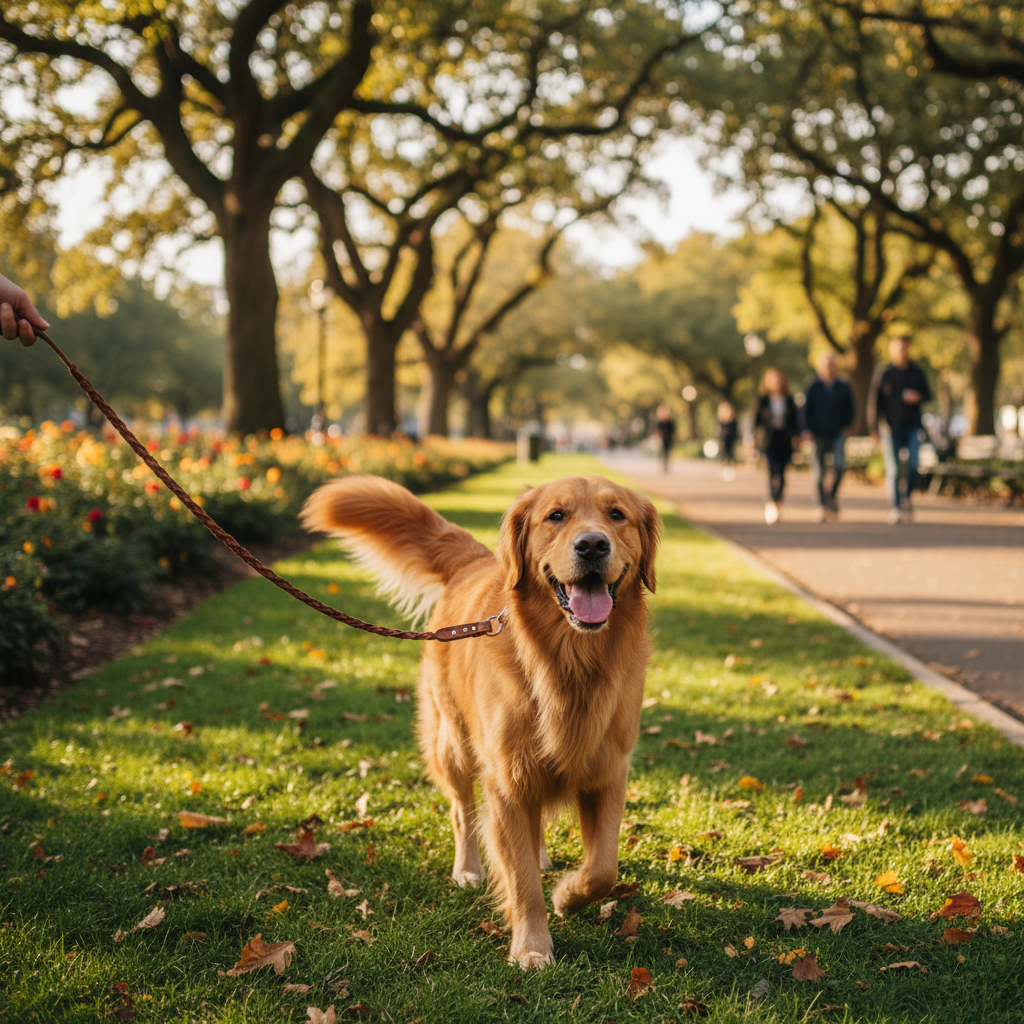 Cão no parque com trela