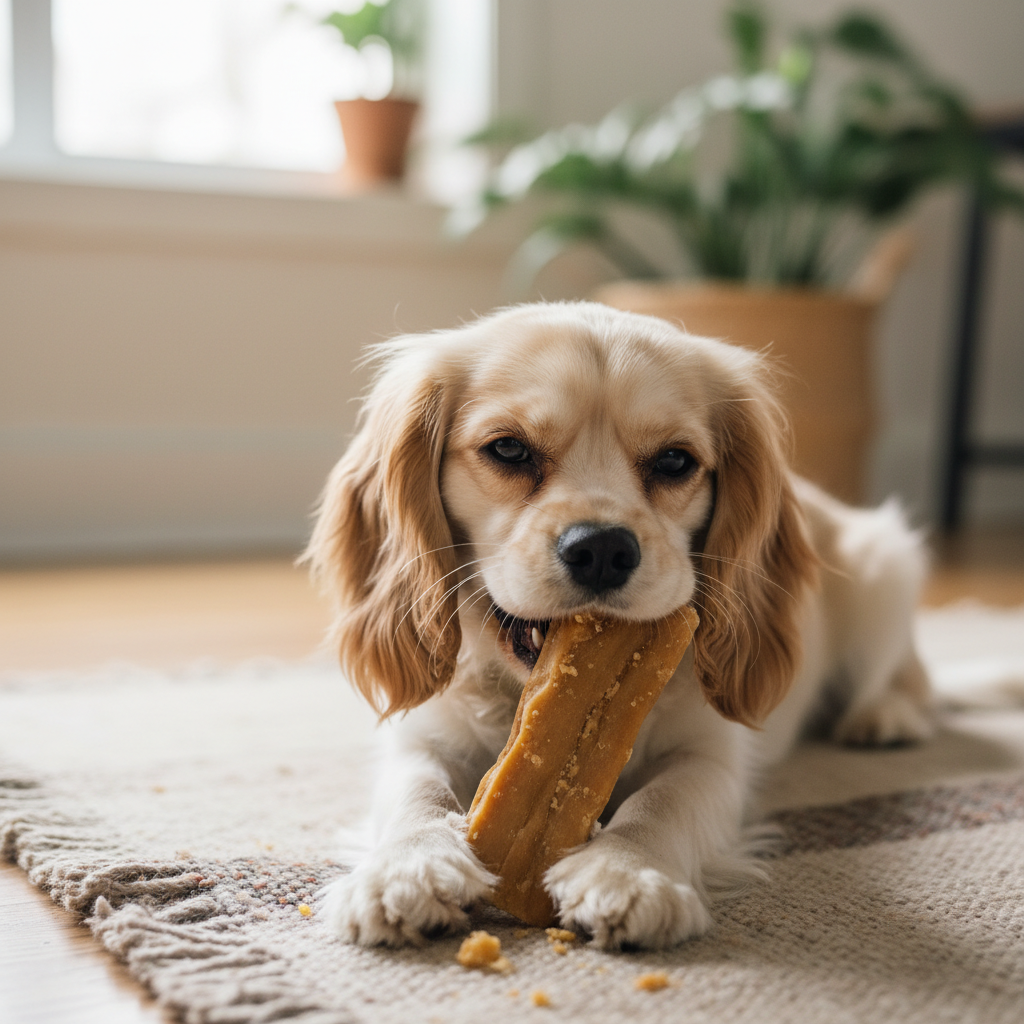 Cão pequeno a comer yak chew 2