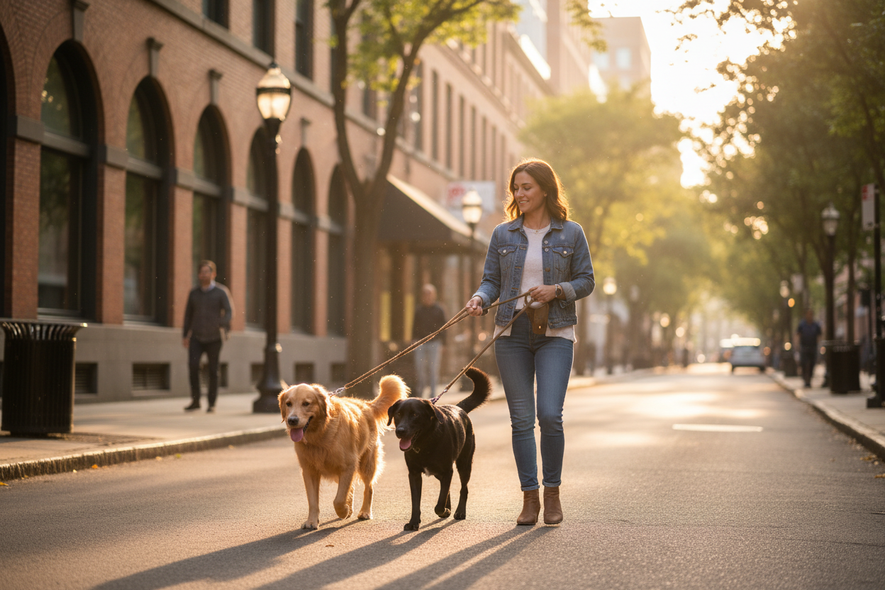Pessoa com dois cães na cidade